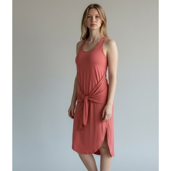 Lucky Brand Dresses & Skirts - Lucky Brand Coral Pink Midi Tank Dress Flowy‎ Front Tie Round Hem L Large Jersey